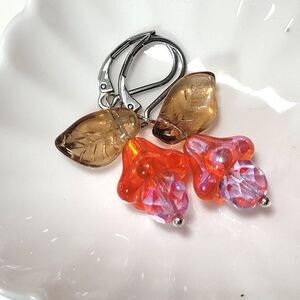 Orange Glass Stainless Steel Leverback Hidden Meaning earrings Floral Fae   663■